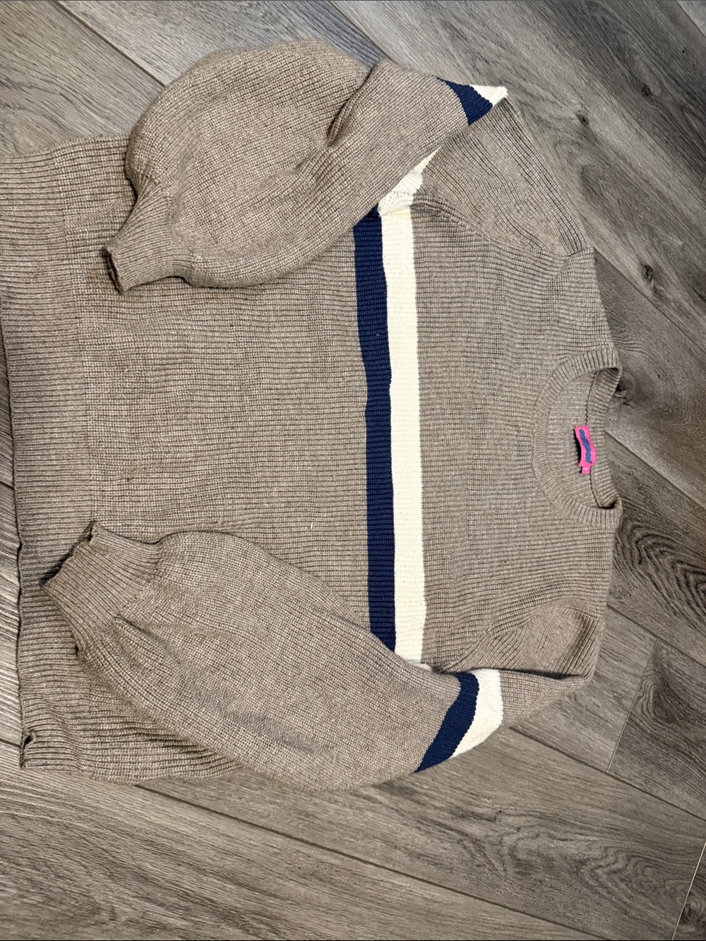 Women’s Taupe Crewneck Sweater with Navy and Cream Stripes